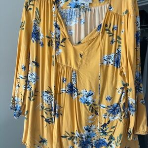 Floral Yellow Blouse with Blue Accents
